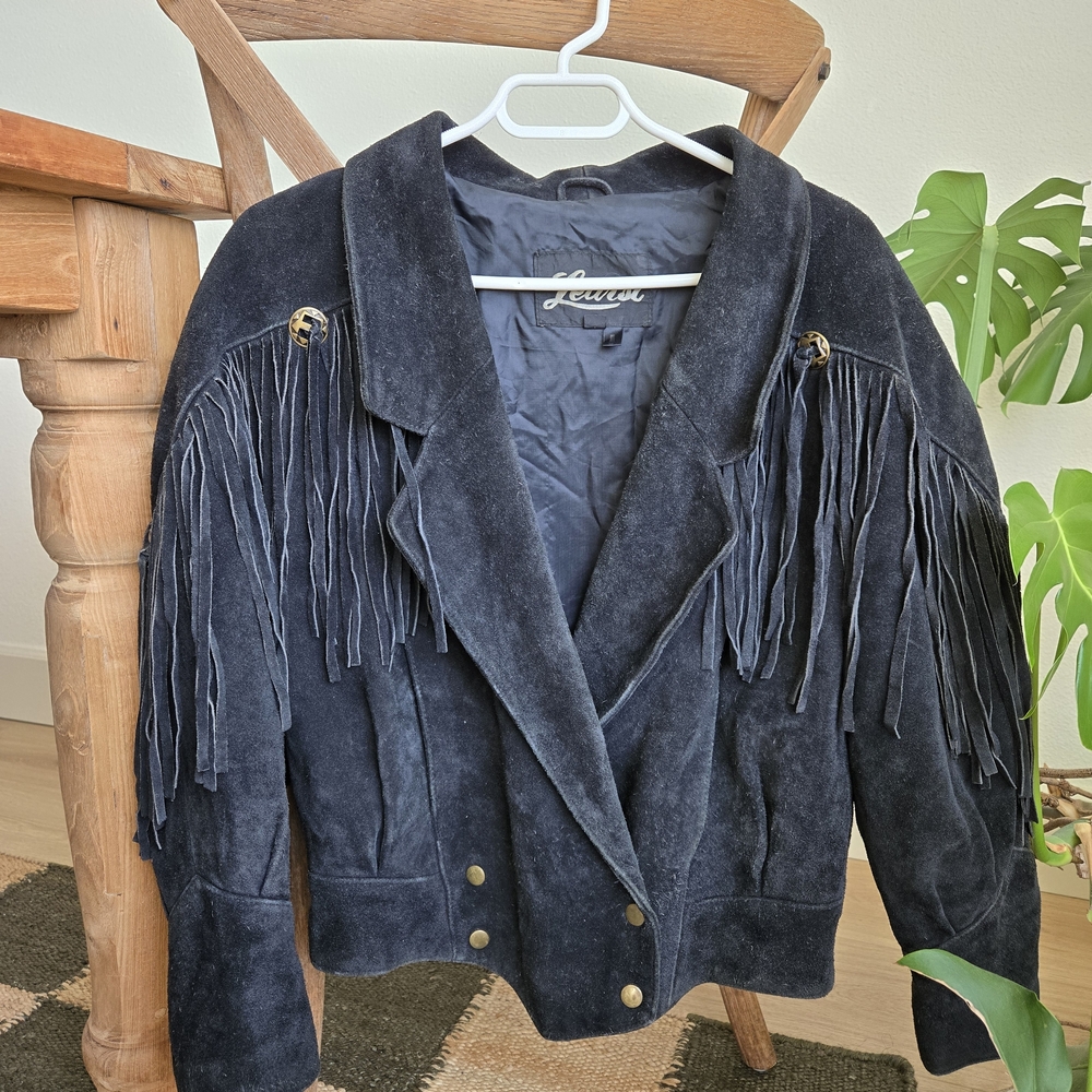 Vintage | Learsi Black Suede Fringe Jacket W/ Concho Detail | Western | Festival - Picture 1 of 6